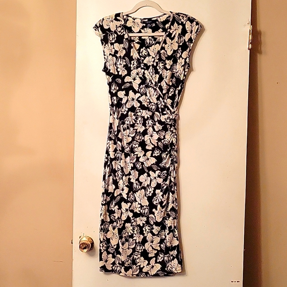 Black & White Faux Wrap Dress with Synching at waist
